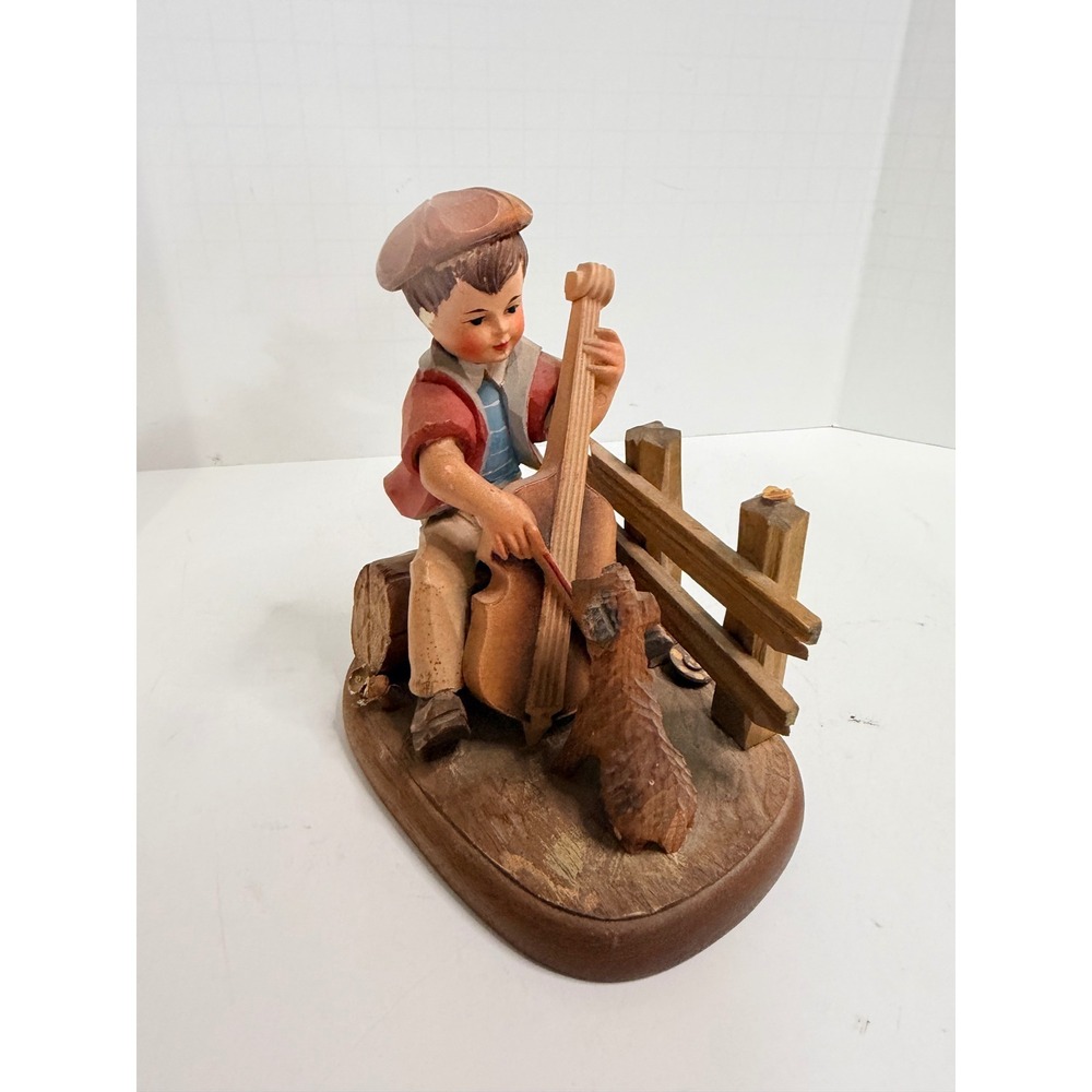 Vintage Anri Hand Carved Wood Figurine Boy Playing Cello with Dog Italy‎